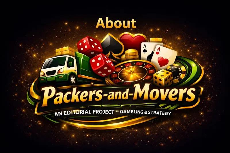 Gambling editorial concept with casino elements, roulette wheel, dice, cards, and a delivery truck symbolizing strategy and movement