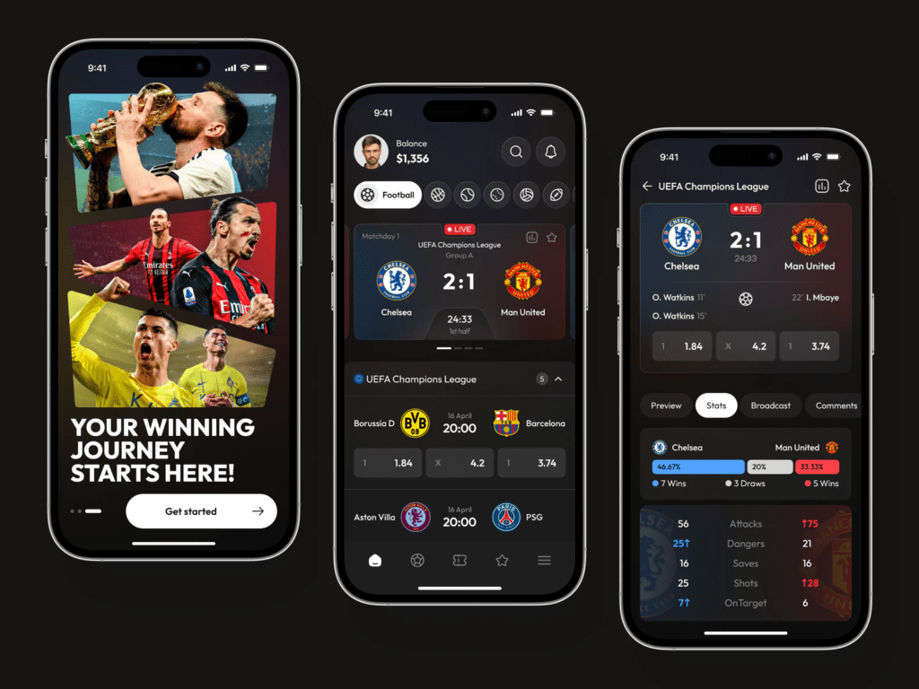Live betting app interface showing real time sports odds and active markets