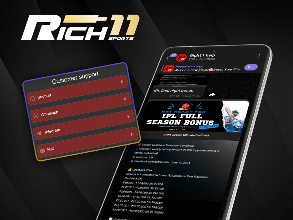 Customer support options on Rich11 including chat and email assistance