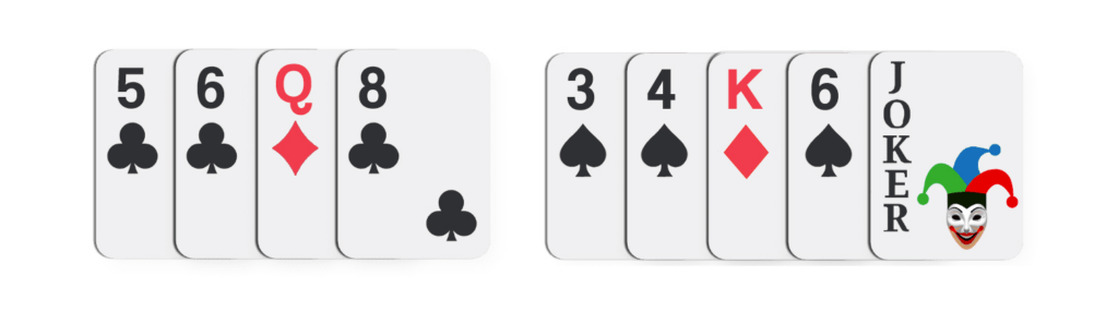 Impure rummy sequence showing joker replacing missing card in run